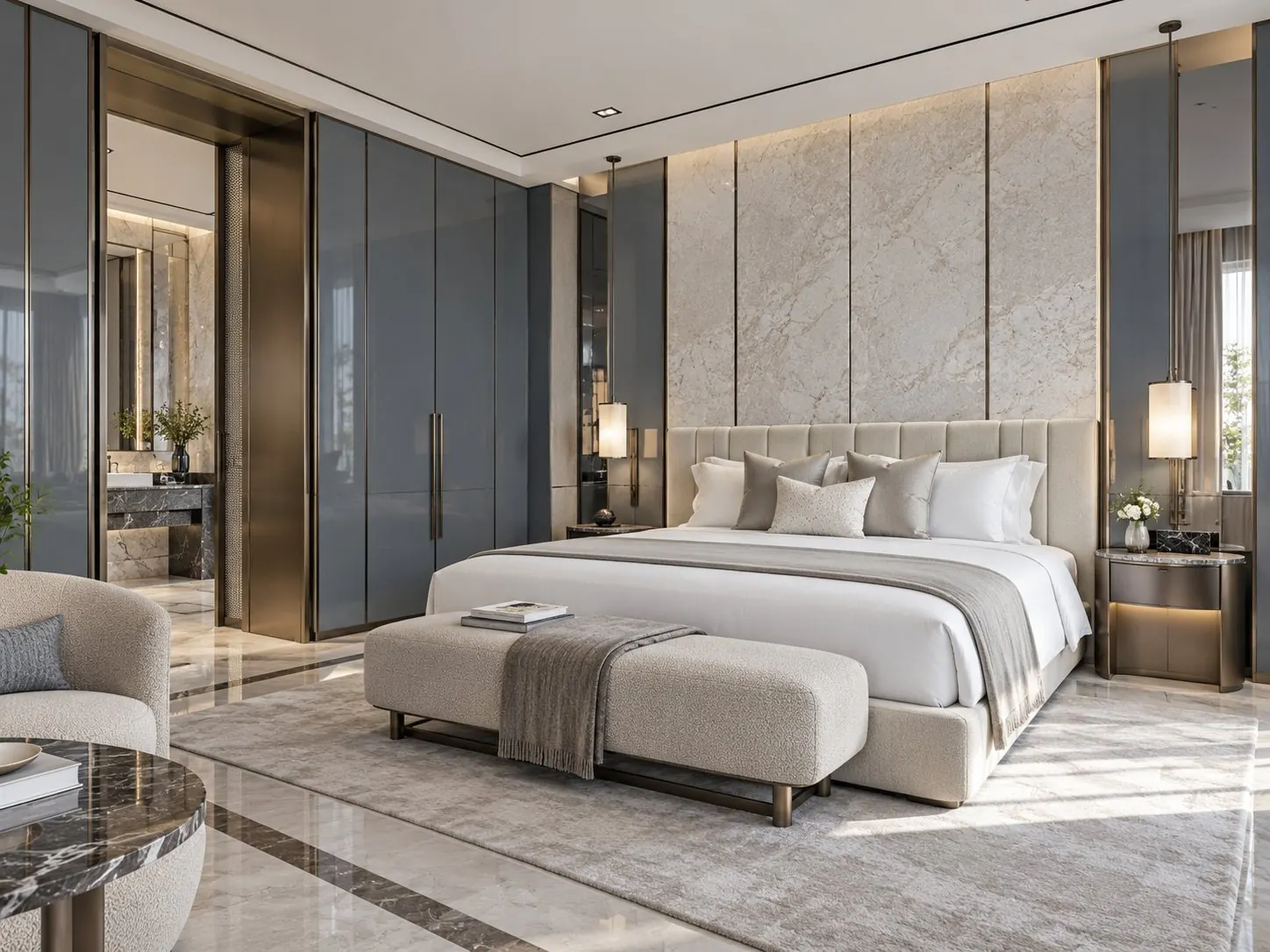 Camera d'hotel con letto matrimoniale e boiserie in marmo