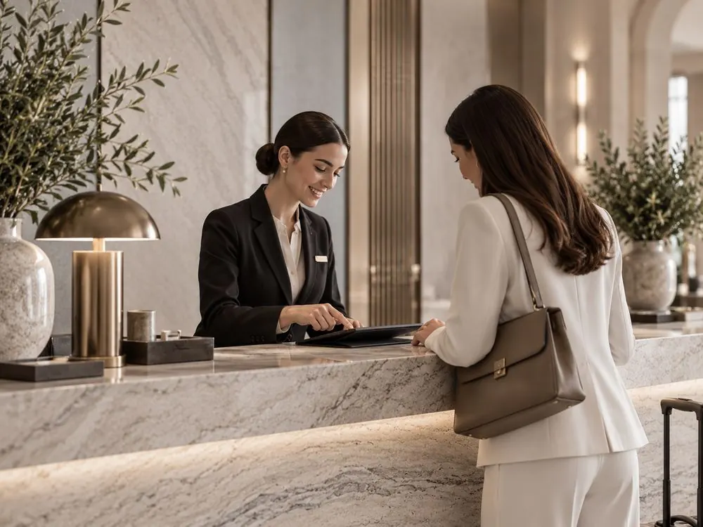 Ospite alla reception, la receptionist registra il check-in sul tablet
